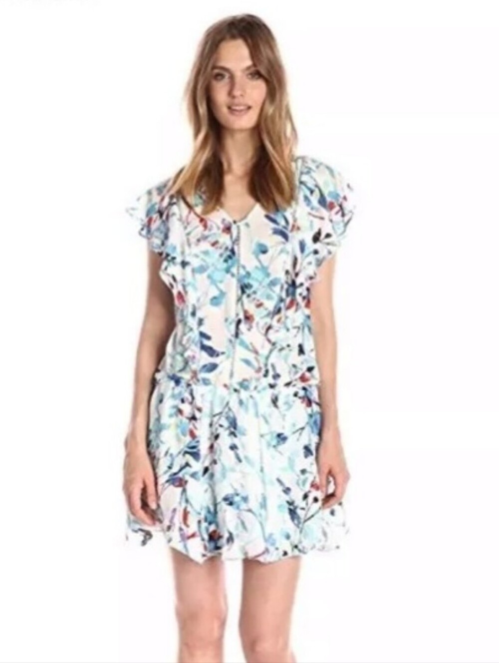 Parker Women's S White & Blue Abstract Floral Print Silk Mini Dress